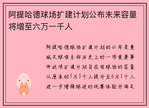 阿提哈德球场扩建计划公布未来容量将增至六万一千人