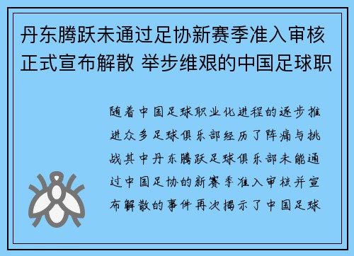 丹东腾跃未通过足协新赛季准入审核正式宣布解散 举步维艰的中国足球职业化困境再现
